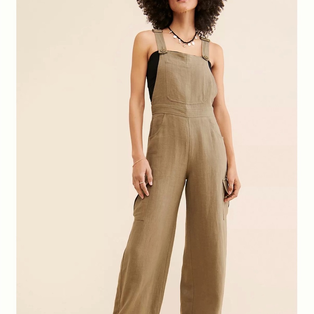 Flat White (Anthropologie) Linen Cargo Overalls